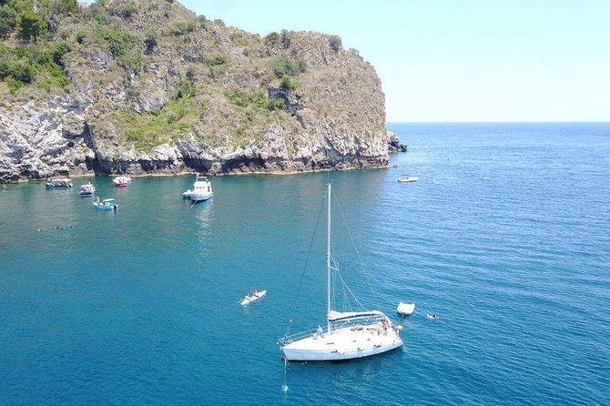 Half Day Sailing Tour Taormina Bay - A Sicilian platter and white wine at anchor